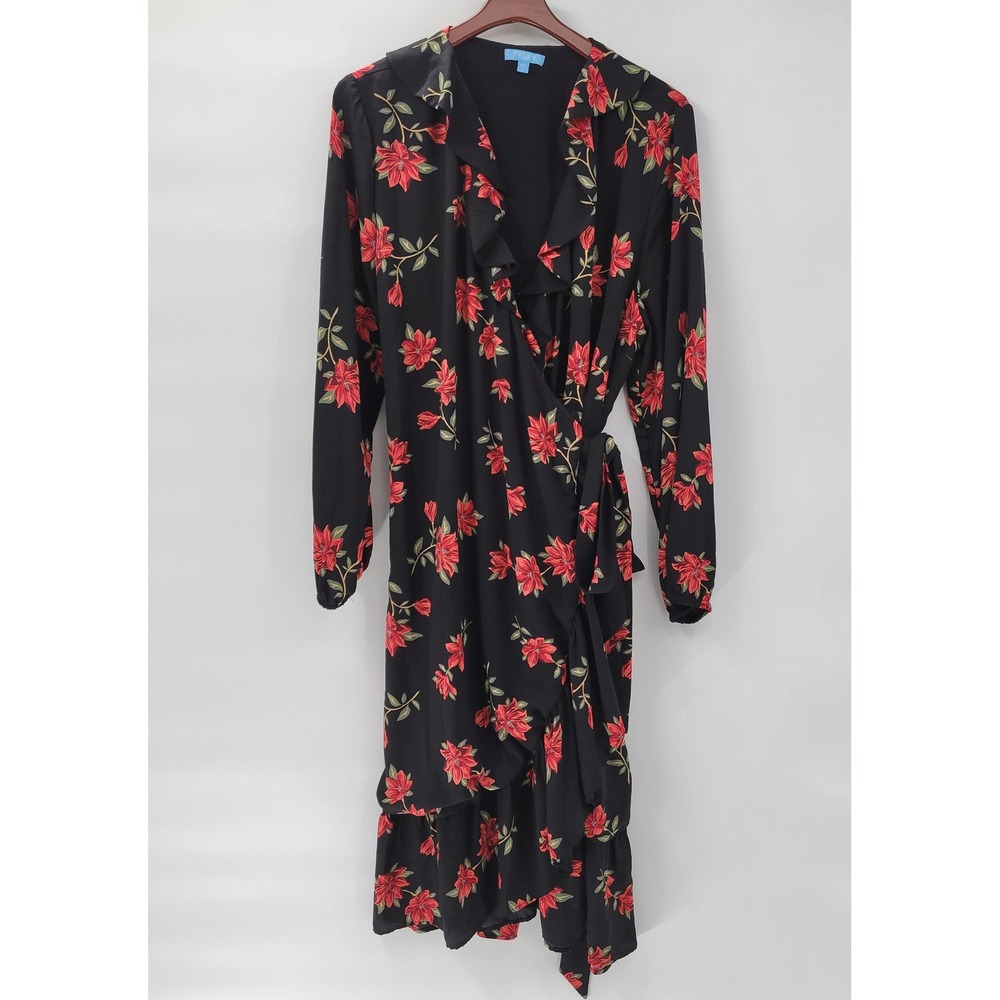 Draper James RSVP Wrap Dress XXL Black Red Floral Ruffle Lined Long Sleeve Midi